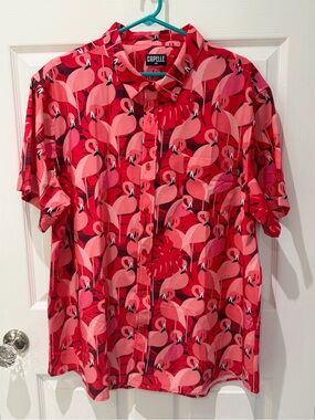 Men's Casual Pink Flamingo Print Button-Down Shirt